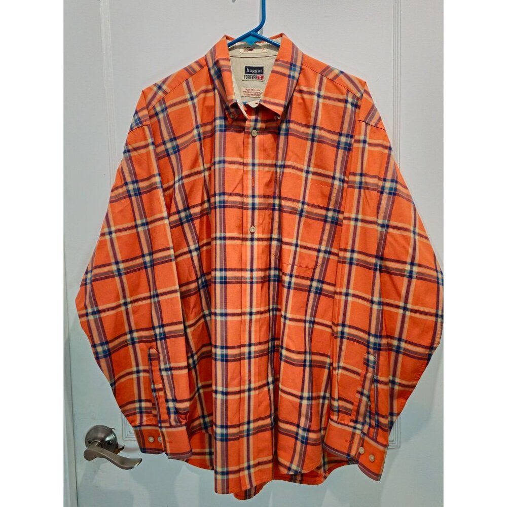 Haggar Forever New Mens L/G Orange Plaid Button-Up Shirt  Fade-Resistant Wrinkle